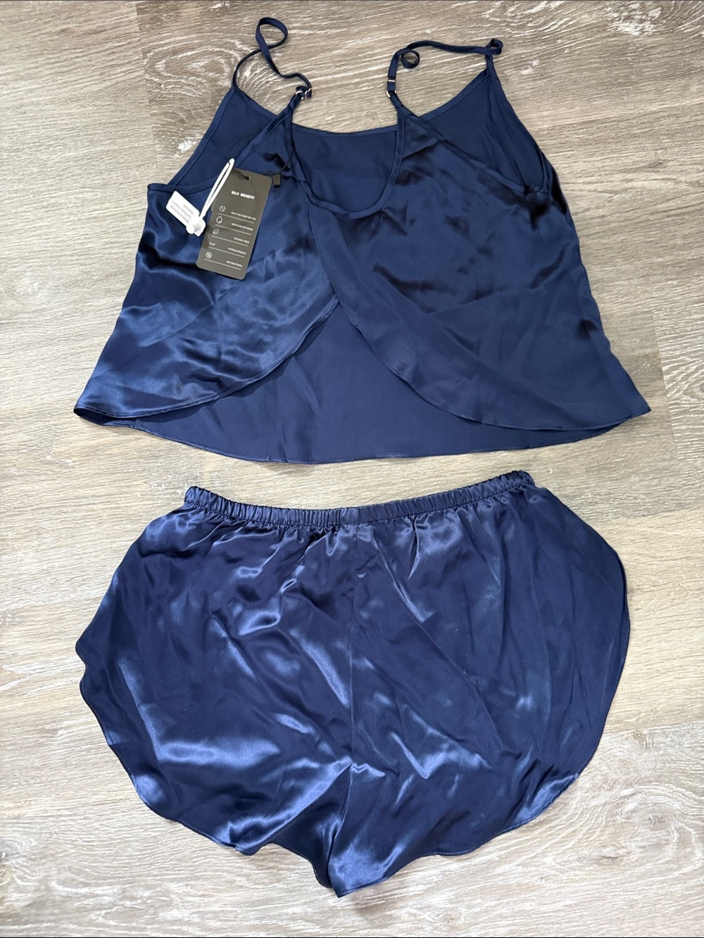 Silk Silky Navy Satin Cami & Elastic-Waist Shorts Set - Picture 2 of 5